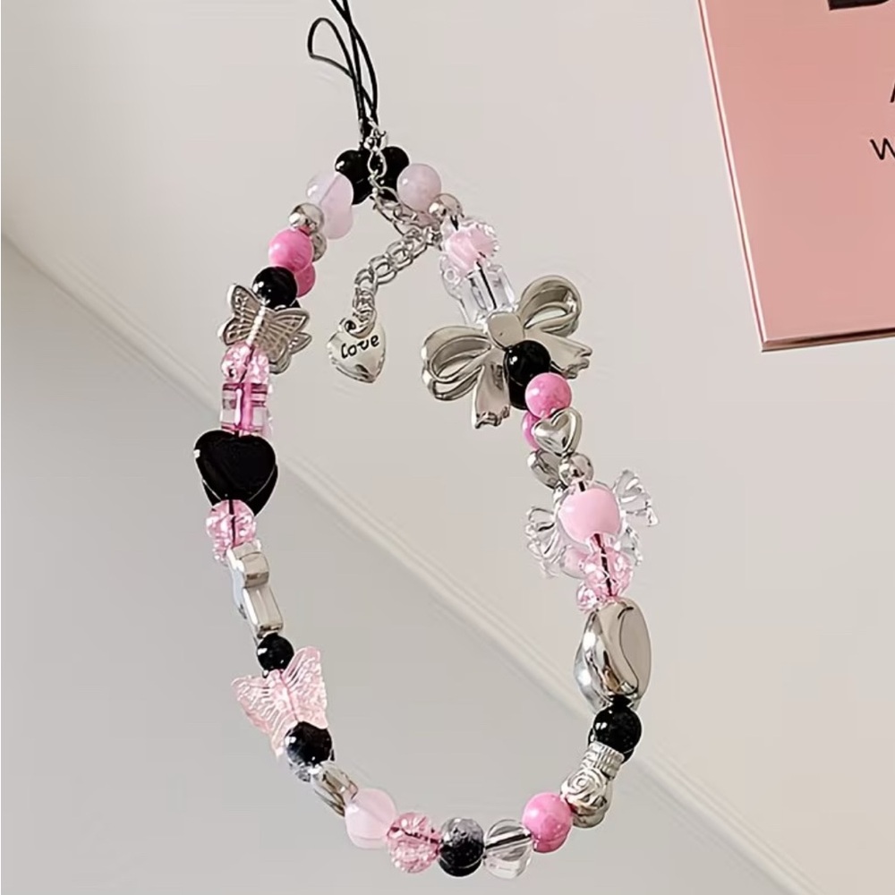 Black Butterfly Bow Strawberry Pendant Cross Phone Lanyard - Picture 2 of 3